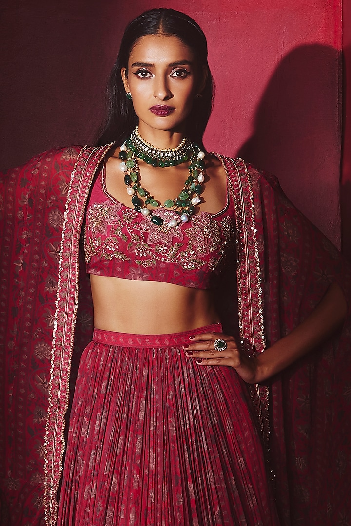 Fuchsia Printed & Embroidered Wedding Lehenga Set With Cape by Ridhi Mehra at Pernia's Pop Up Shop