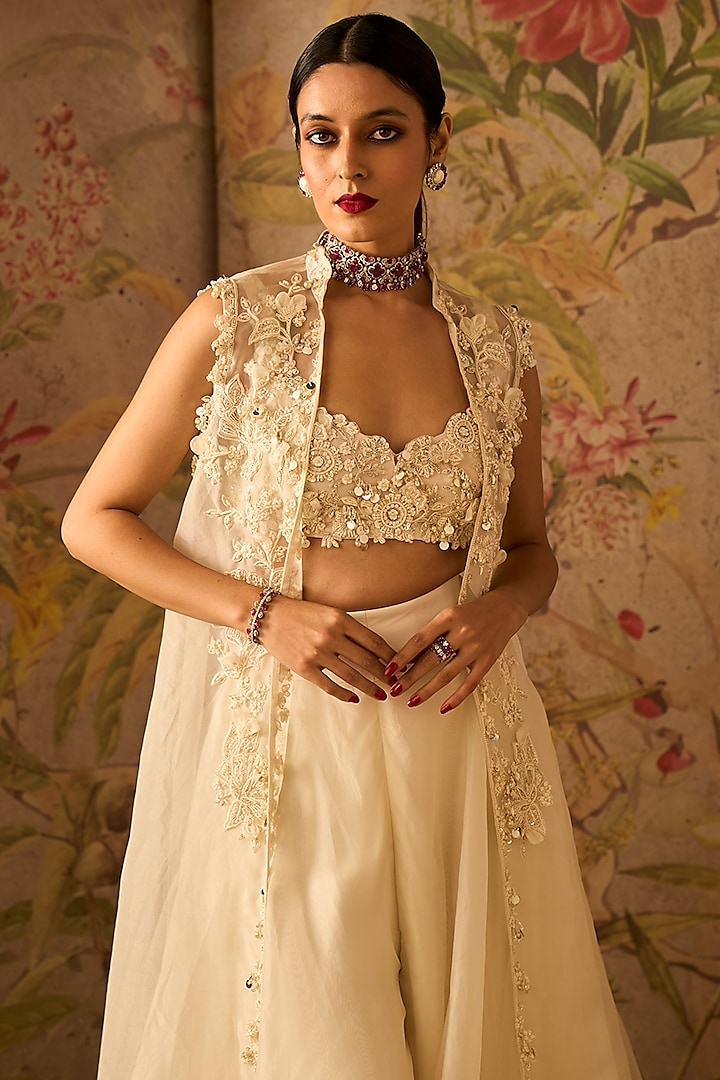 Ivory Organza Embroidered Jacket Set by Ridhi Mehra at Pernia's Pop Up Shop