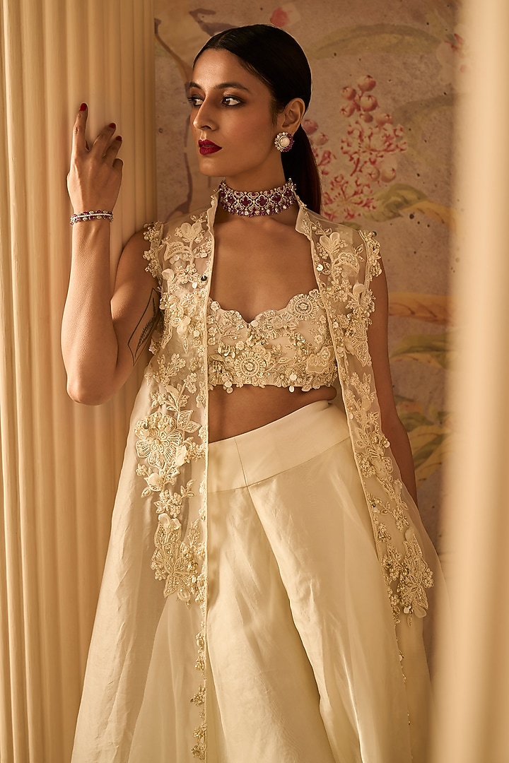 Ivory Organza Embroidered Jacket Set by Ridhi Mehra at Pernia's Pop Up Shop