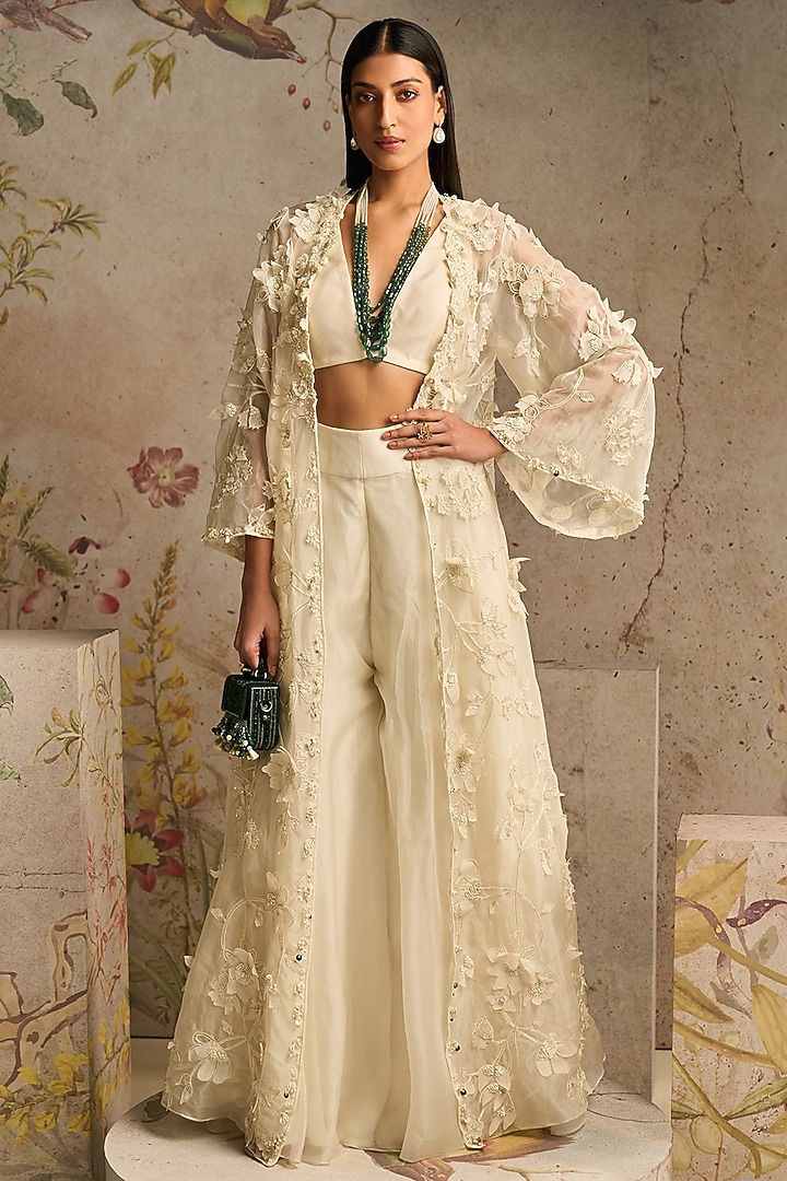 Ivory Organza 3D Embroidered Jacket Set by Ridhi Mehra at Pernia's Pop Up Shop