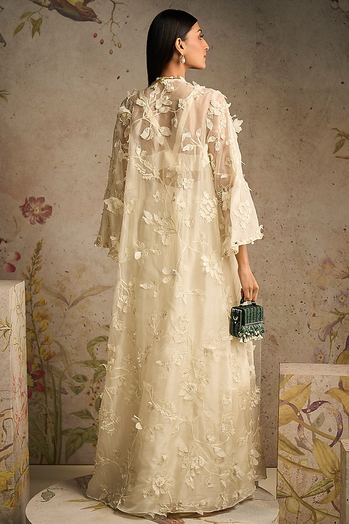Ivory Organza 3D Embroidered Jacket Set by Ridhi Mehra at Pernia's Pop Up Shop
