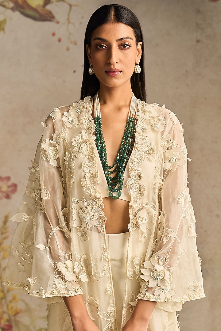 Ivory Organza 3D Embroidered Jacket Set by Ridhi Mehra at Pernia's Pop Up Shop