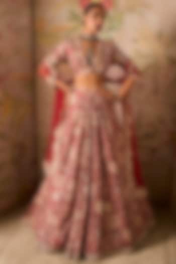Red Raw Silk Printed & Embroidered Bridal Lehenga Set by Ridhi Mehra at Pernia's Pop Up Shop