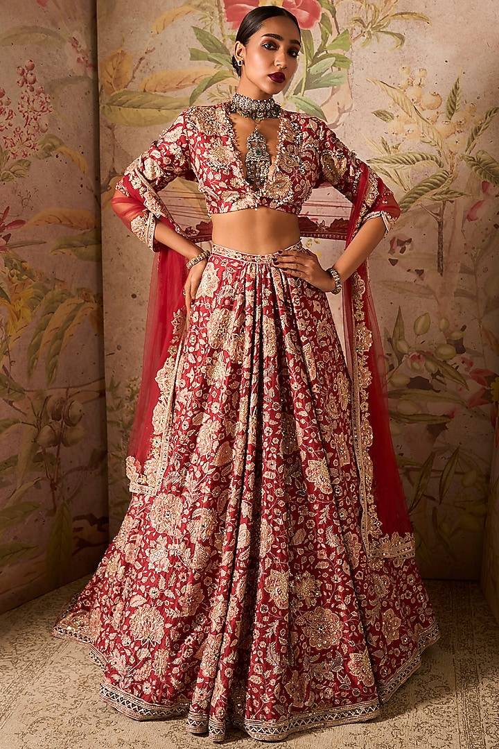 Red Raw Silk Printed & Embroidered Bridal Lehenga Set by Ridhi Mehra at Pernia's Pop Up Shop