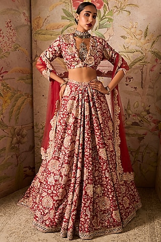 Red Raw Silk Printed & Embroidered Lehenga Set by Ridhi Mehra