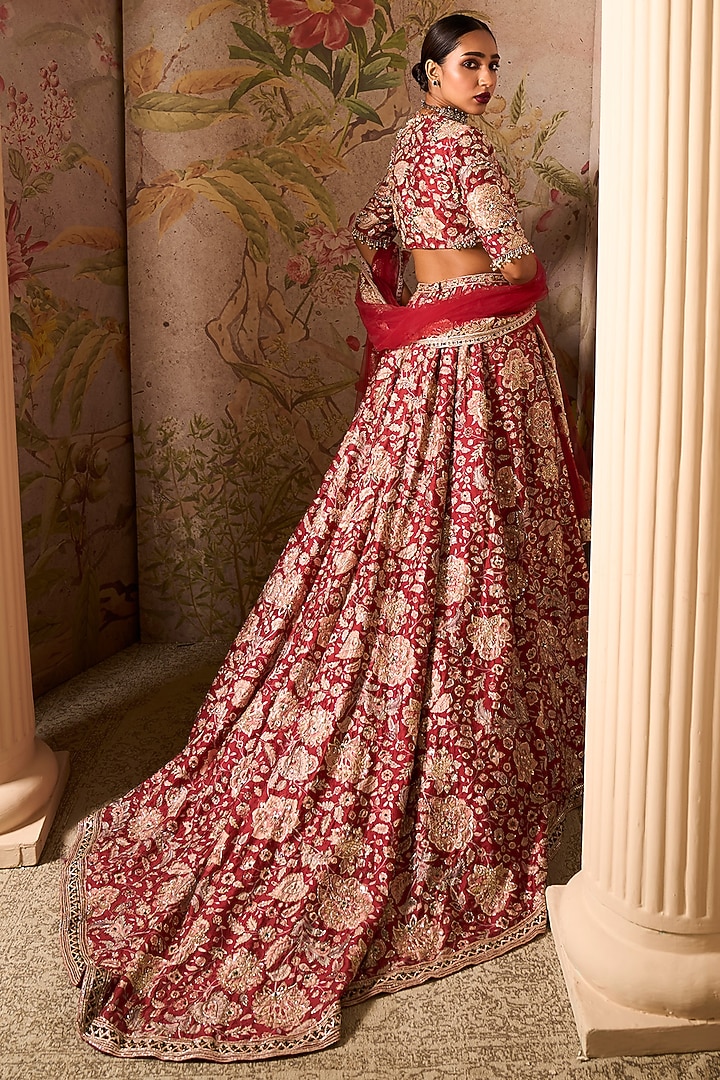 Red Raw Silk Printed & Embroidered Bridal Lehenga Set by Ridhi Mehra at Pernia's Pop Up Shop