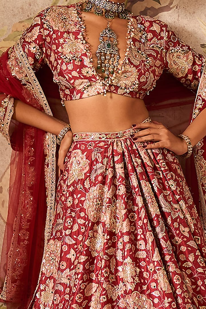 Red Raw Silk Printed & Embroidered Bridal Lehenga Set by Ridhi Mehra at Pernia's Pop Up Shop