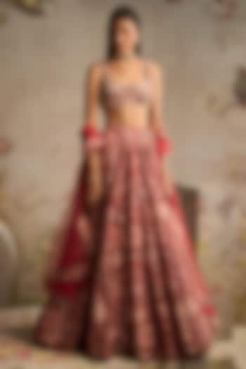 Red Raw Silk Printed Wedding Lehenga Set by Ridhi Mehra at Pernia's Pop Up Shop