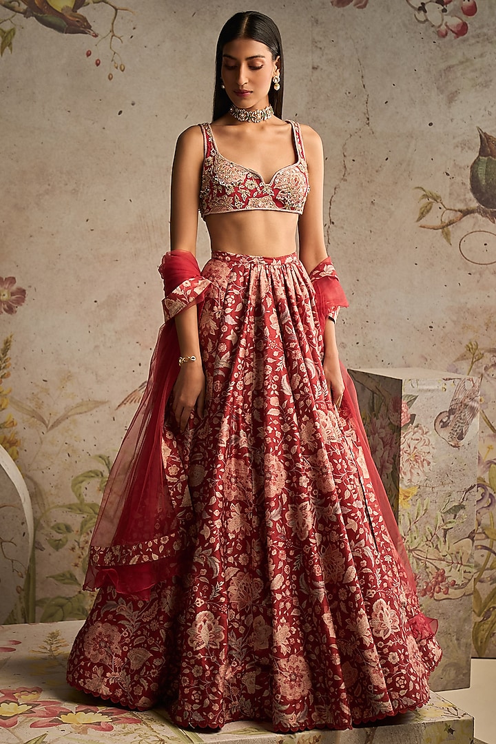 Red Raw Silk Printed Wedding Lehenga Set by Ridhi Mehra at Pernia's Pop Up Shop