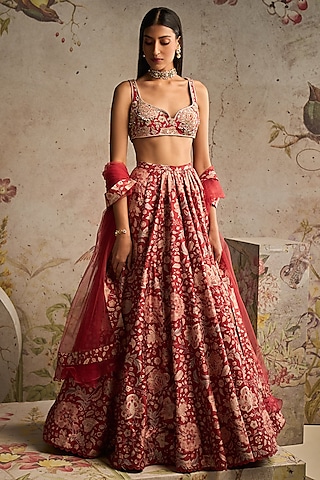 Red Raw Silk Printed Lehenga Set by Ridhi Mehra