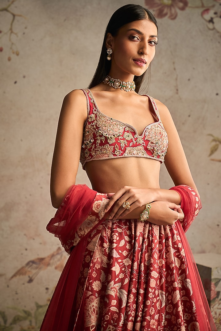 Red Raw Silk Printed Wedding Lehenga Set by Ridhi Mehra at Pernia's Pop Up Shop