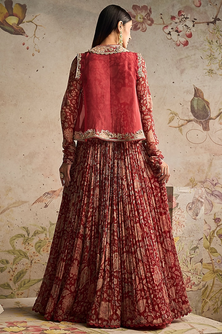 Red Chiffon Printed Bridal Anarkali With Jacket by Ridhi Mehra at Pernia's Pop Up Shop