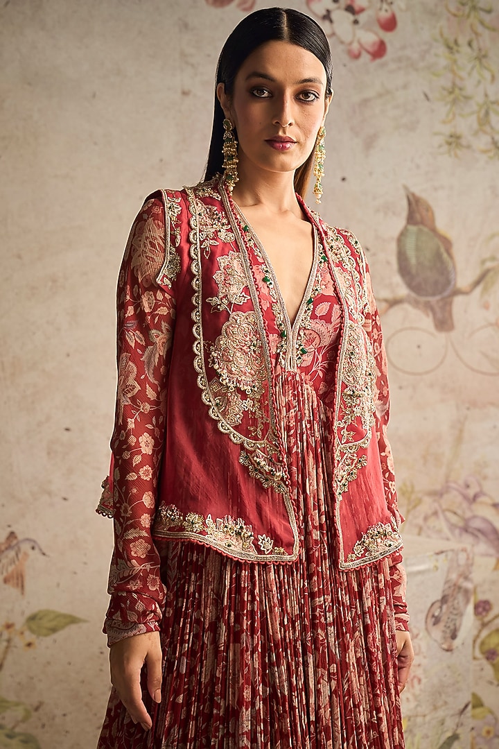 Red Chiffon Printed Bridal Anarkali With Jacket by Ridhi Mehra at Pernia's Pop Up Shop