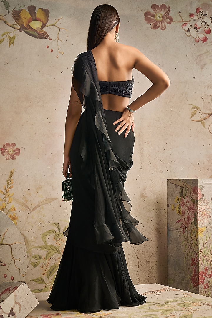 Black Chiffon Ruffled Drape Reception Saree Set by Ridhi Mehra at Pernia's Pop Up Shop