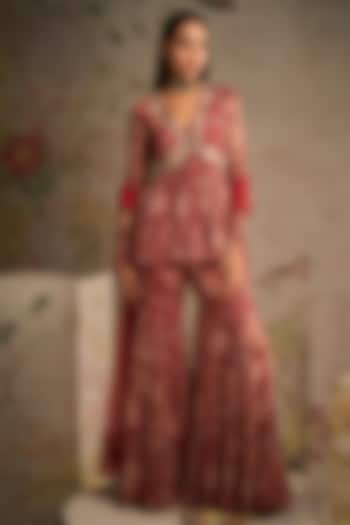 Red Chiffon Printed Gharara Set by Ridhi Mehra at Pernia's Pop Up Shop