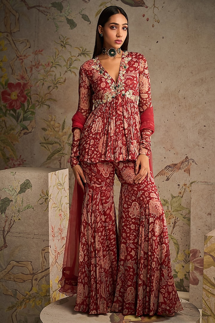 Red Chiffon Printed Gharara Set by Ridhi Mehra at Pernia's Pop Up Shop