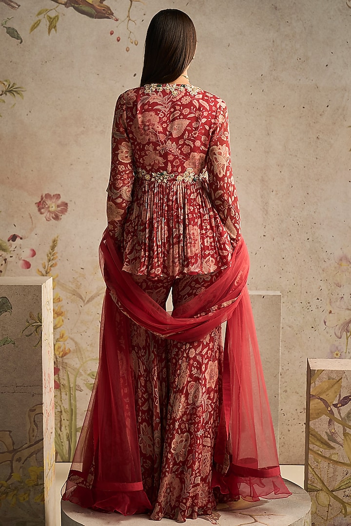 Red Chiffon Printed Gharara Set by Ridhi Mehra at Pernia's Pop Up Shop