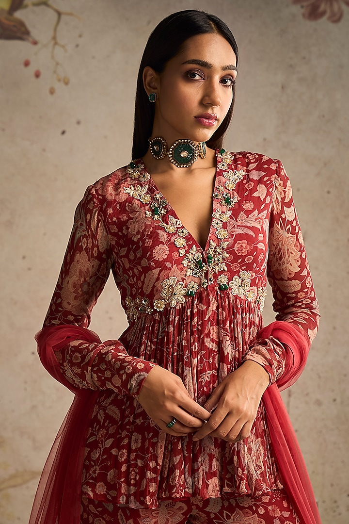 Red Chiffon Printed Gharara Set by Ridhi Mehra at Pernia's Pop Up Shop