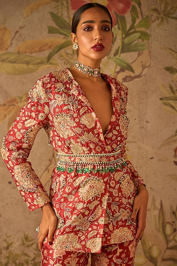 Red Raw Silk Printed Jacket Set by Ridhi Mehra at Pernia's Pop Up Shop