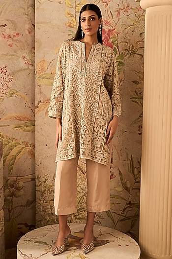 Champagne Net Embroidered Kalidar Kurta Set by Ridhi Mehra at Pernia's Pop Up Shop