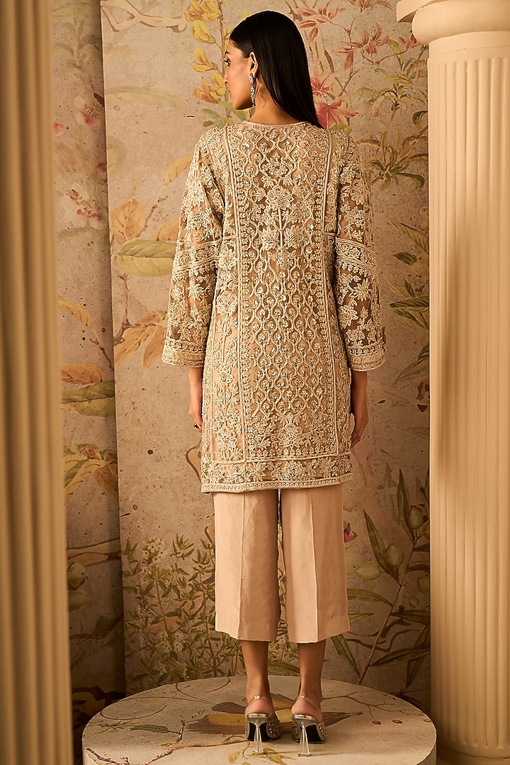 Champagne Net Embroidered Kalidar Kurta Set by Ridhi Mehra at Pernia's Pop Up Shop