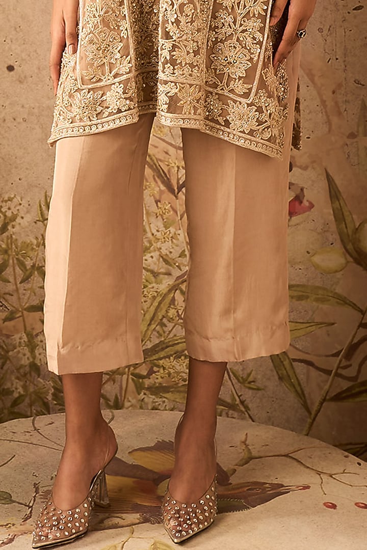 Champagne Net Embroidered Kalidar Kurta Set by Ridhi Mehra at Pernia's Pop Up Shop