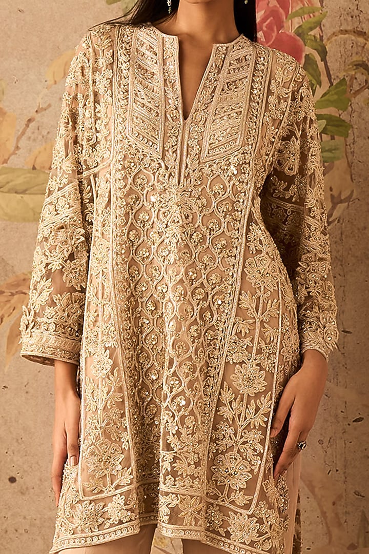 Champagne Net Embroidered Kalidar Kurta Set by Ridhi Mehra at Pernia's Pop Up Shop