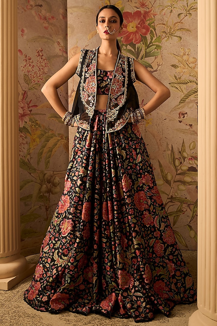 Black Raw Silk Printed Jacket Wedding Lehenga Set by Ridhi Mehra at Pernia's Pop Up Shop