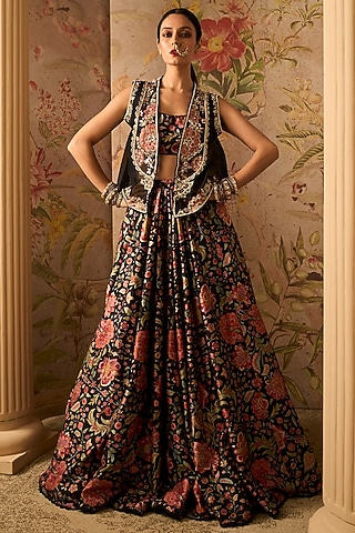 Black Raw Silk Printed Jacket Lehenga Set by Ridhi Mehra