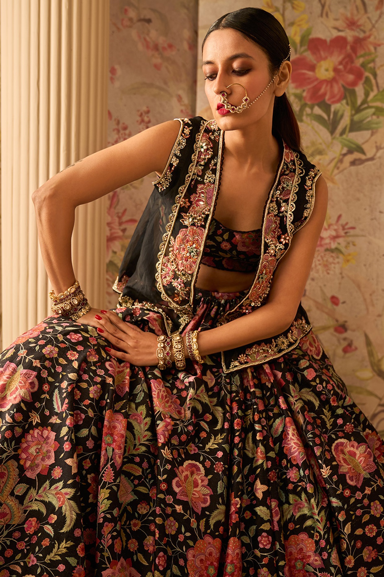 Buy now Online Indian Ethnic Wear Navy Blue Printed Lehenga