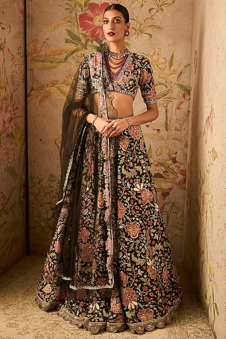Black Raw Silk Printed & Embroidered Bridal Lehenga Set by Ridhi Mehra at Pernia's Pop Up Shop