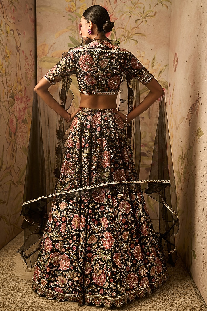Black Raw Silk Printed & Embroidered Bridal Lehenga Set by Ridhi Mehra at Pernia's Pop Up Shop
