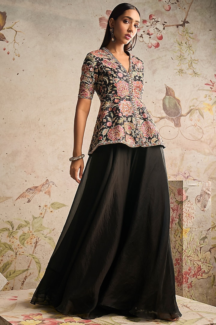 Black Organza Flared Bridal Sharara Set by Ridhi Mehra at Pernia's Pop Up Shop