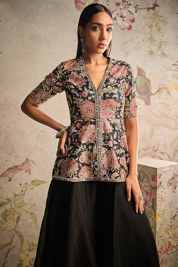 Black Organza Flared Bridal Sharara Set by Ridhi Mehra at Pernia's Pop Up Shop