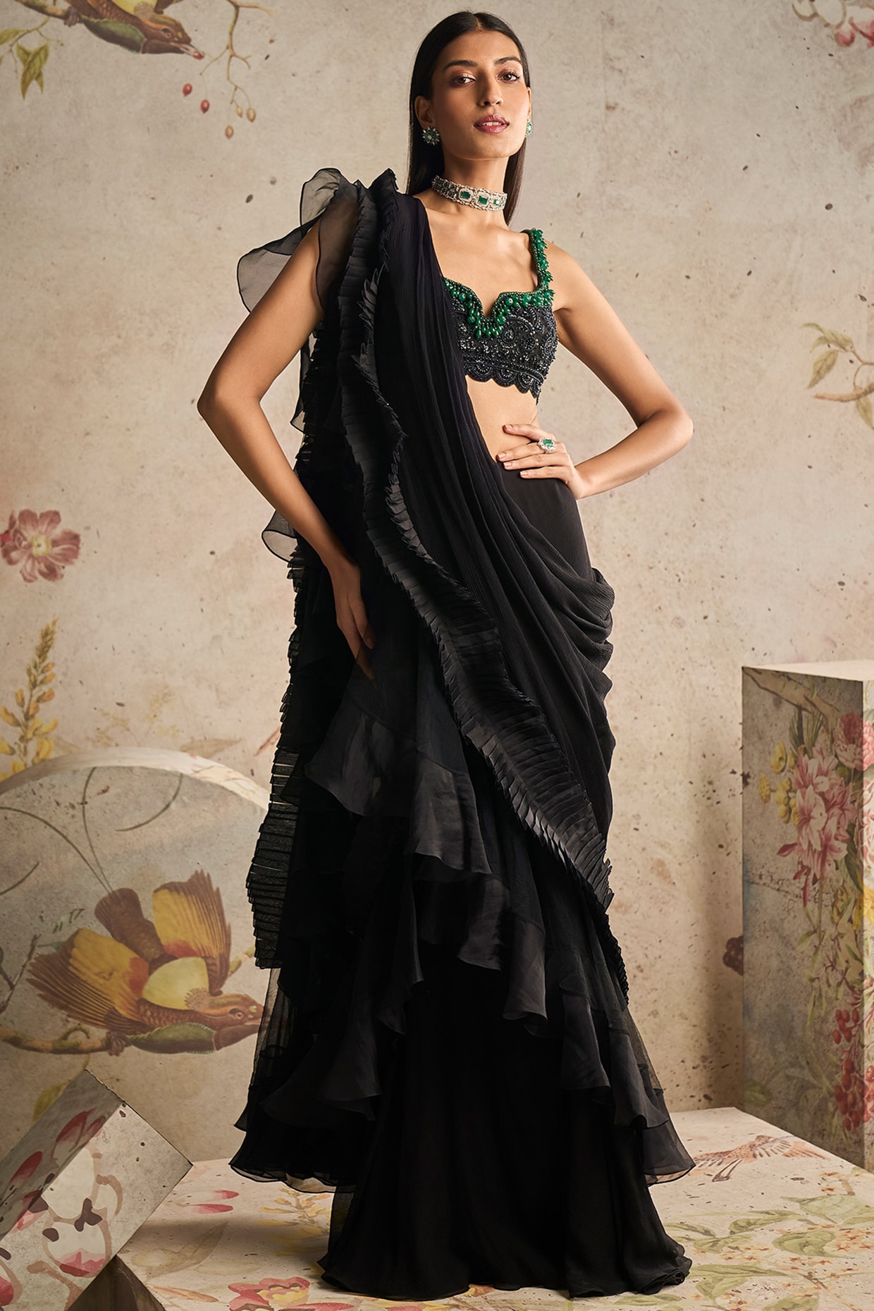 Buy Online Black Ruffled Georgette Saree with Embroidered Silk Blouse –  Pure Elegance