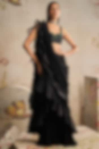 Black Chiffon Draped Ruffled Saree Set by Ridhi Mehra at Pernia's Pop Up Shop