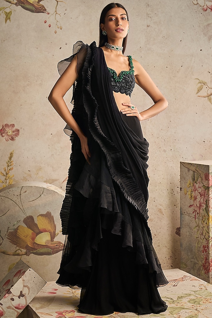 Black Chiffon Draped Ruffled Saree Set by Ridhi Mehra at Pernia's Pop Up Shop