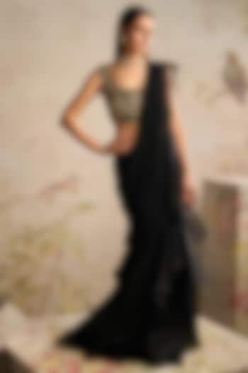 Black Chiffon Draped Frilled Saree Set by Ridhi Mehra