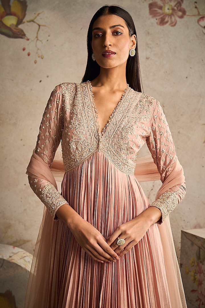 Dusty Pink Fine Silk Embroidered Bridal Anarkali Set by Ridhi Mehra at Pernia's Pop Up Shop