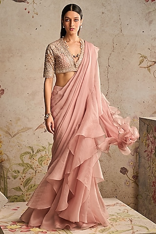 Dusty Pink Chiffon & Organza Draped Saree Set by Ridhi Mehra