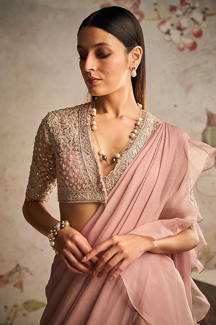 Dusty Pink Chiffon & Organza Draped Reception Saree Set by Ridhi Mehra at Pernia's Pop Up Shop
