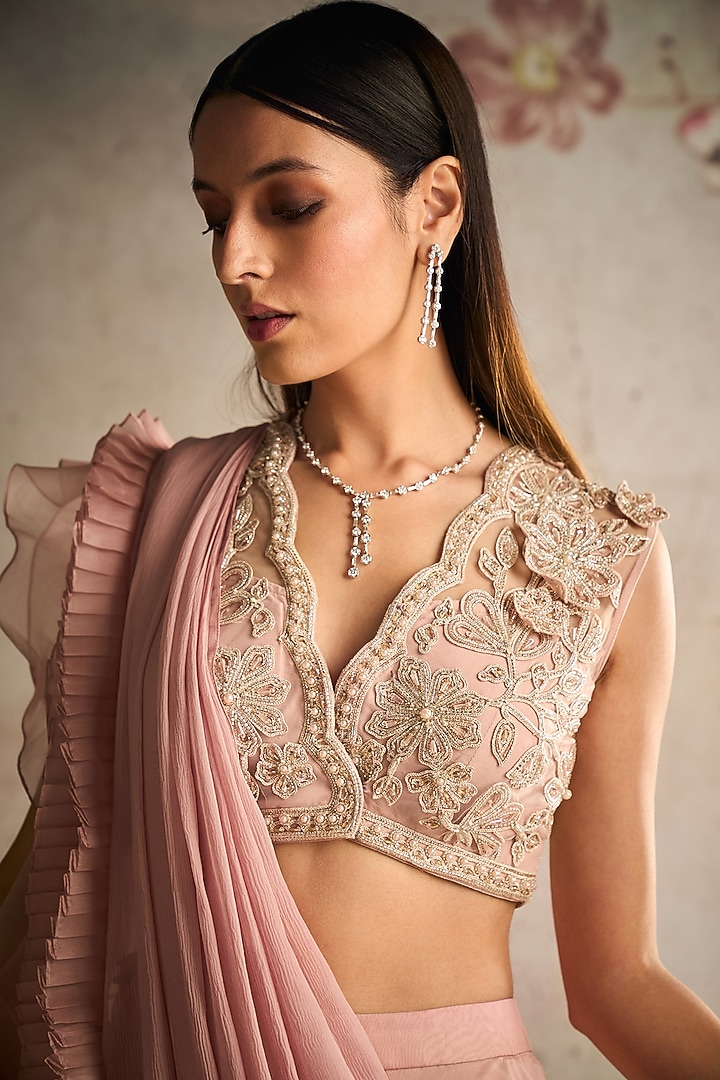 Dusty Pink Organza Sharara Reception Saree Set by Ridhi Mehra at Pernia's Pop Up Shop