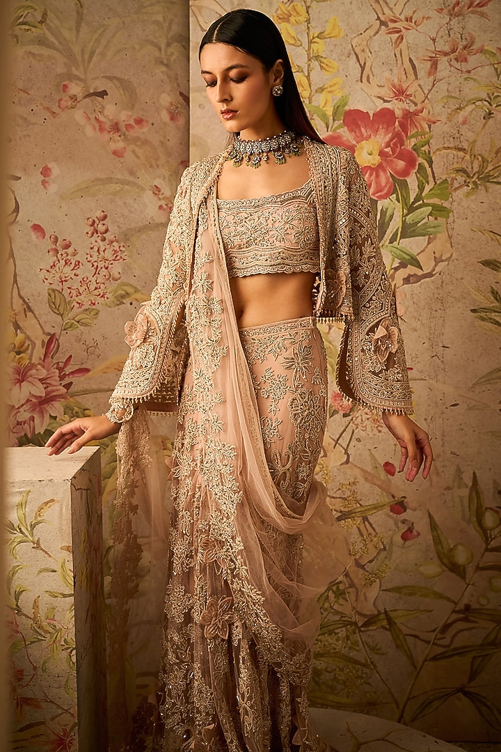 Dusty Pink Net Embroidered Skirt Set by Ridhi Mehra at Pernia's Pop Up Shop