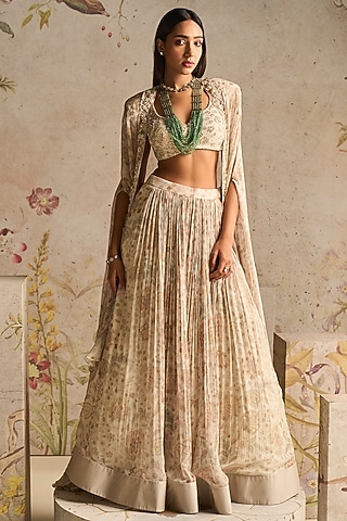 Ivory Chiffon Printed Skirt Set by Ridhi Mehra