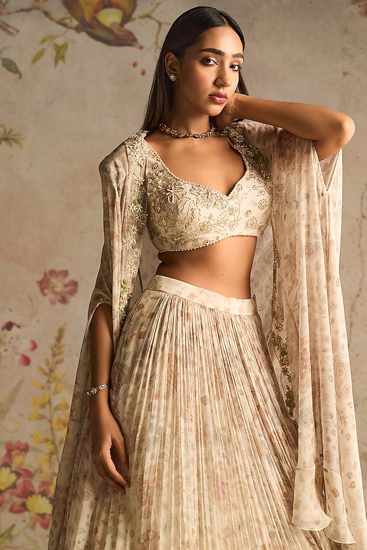 Ivory Chiffon Printed Skirt Set by Ridhi Mehra at Pernia's Pop Up Shop