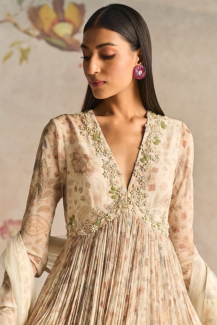 Ivory Chiffon Printed Bridal Anarkali Set by Ridhi Mehra at Pernia's Pop Up Shop
