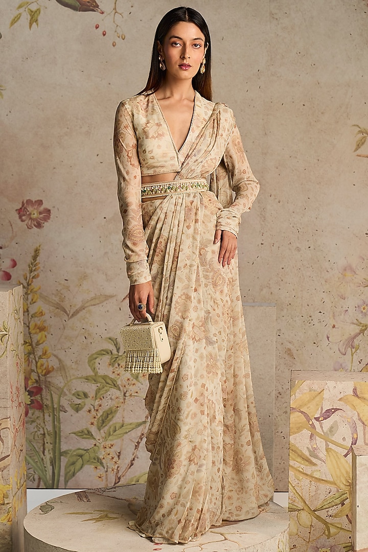 Ivory Chiffon Printed Saree Set by Ridhi Mehra