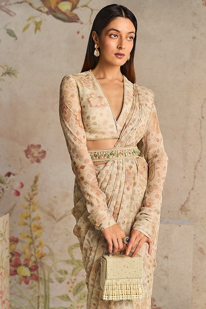 Ivory Chiffon Printed Wedding Saree Set by Ridhi Mehra at Pernia's Pop Up Shop