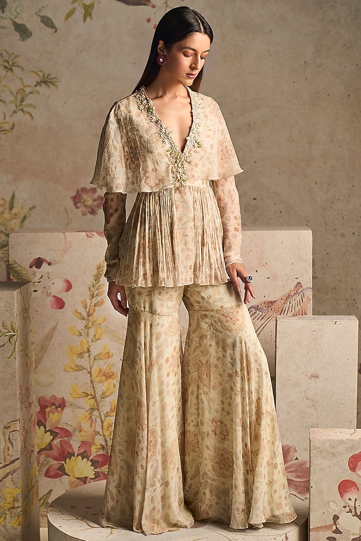 Ivory Chiffon Printed Gharara Set by Ridhi Mehra at Pernia's Pop Up Shop