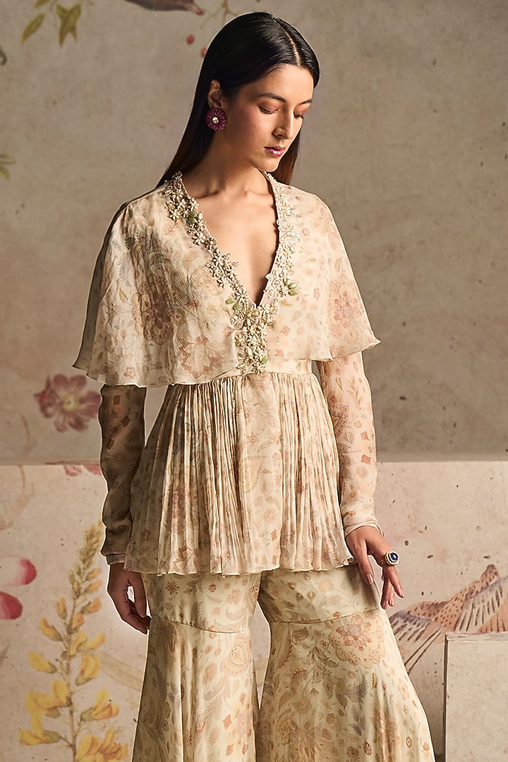 Ivory Chiffon Printed Gharara Set by Ridhi Mehra at Pernia's Pop Up Shop
